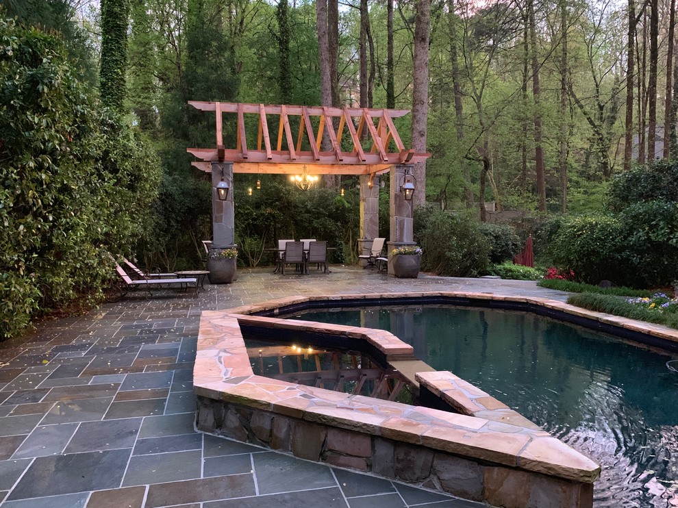 Crab orchard coping for Spa & Pool, Bluestone terrace, Stone and cedar