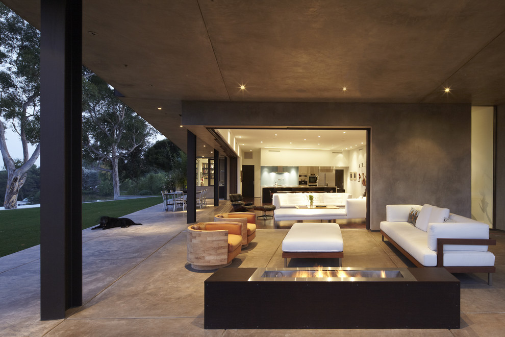 Ispirazione per un patio o portico minimalista di medie dimensioni e dietro casa con un focolare, lastre di cemento e un tetto a sbalzo
