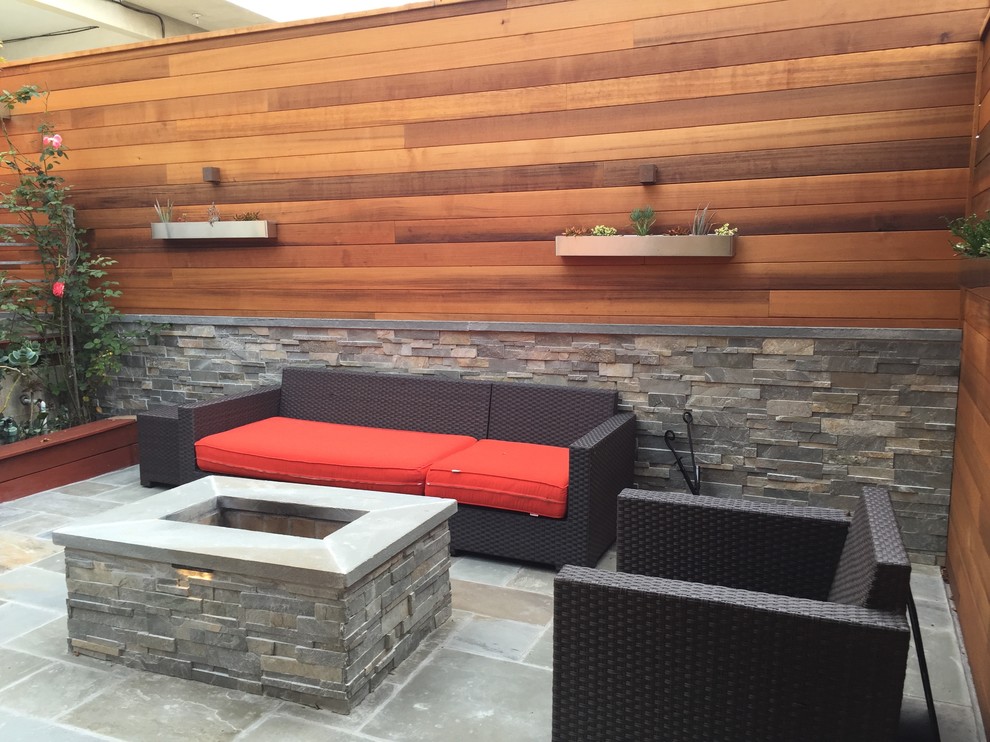 This is an example of a medium sized modern back patio in San Francisco with a fire feature, concrete paving and no cover.