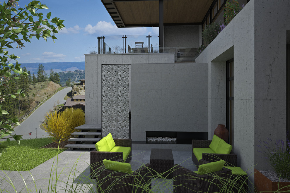 Ispirazione per un patio o portico moderno di medie dimensioni e dietro casa con un focolare, pavimentazioni in pietra naturale e nessuna copertura