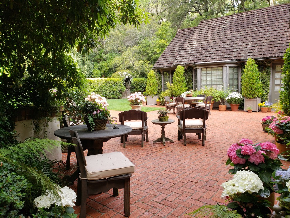 Пример оригинального дизайна: двор на заднем дворе в классическом стиле с растениями в контейнерах и мощением клинкерной брусчаткой без защиты от солнца