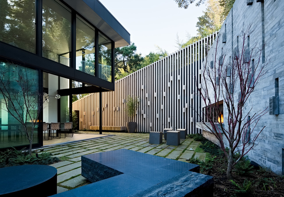Idee per un patio o portico minimalista dietro casa con pavimentazioni in cemento, nessuna copertura e un caminetto