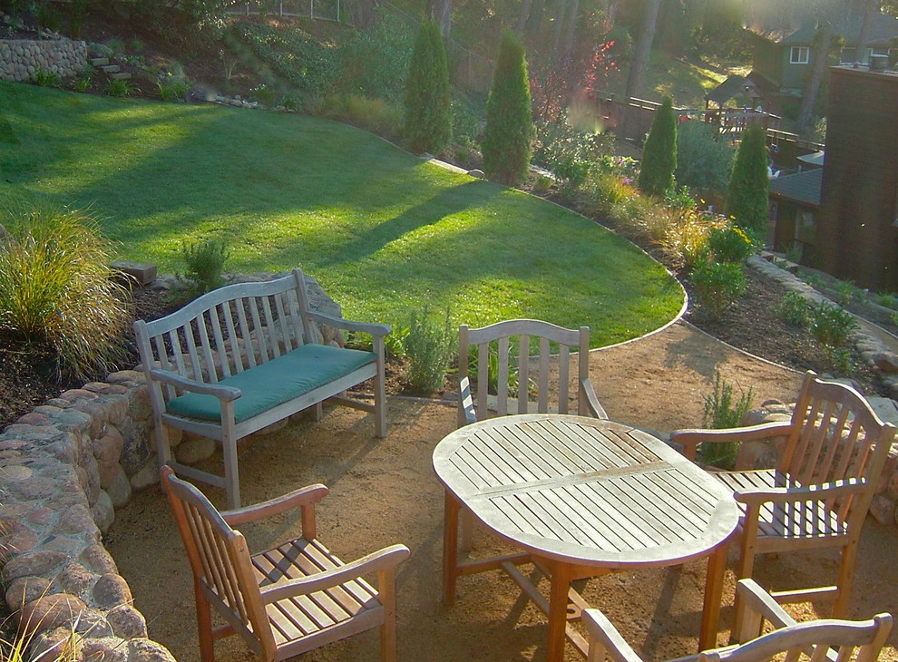 Inspiration for a large timeless backyard decomposed granite patio remodel in San Francisco with no cover