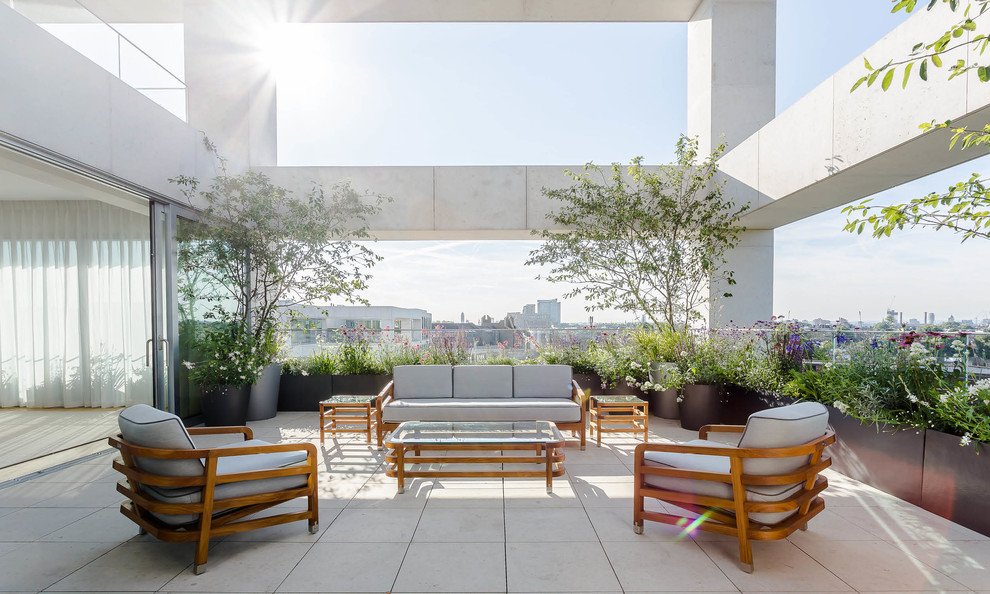 Свежая идея для дизайна: огромный двор на боковом дворе в современном стиле с мощением тротуарной плиткой, растениями в контейнерах и навесом - отличное фото интерьера