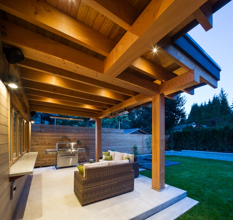 Immagine di un patio o portico minimal di medie dimensioni e dietro casa con lastre di cemento, un tetto a sbalzo e un giardino in vaso