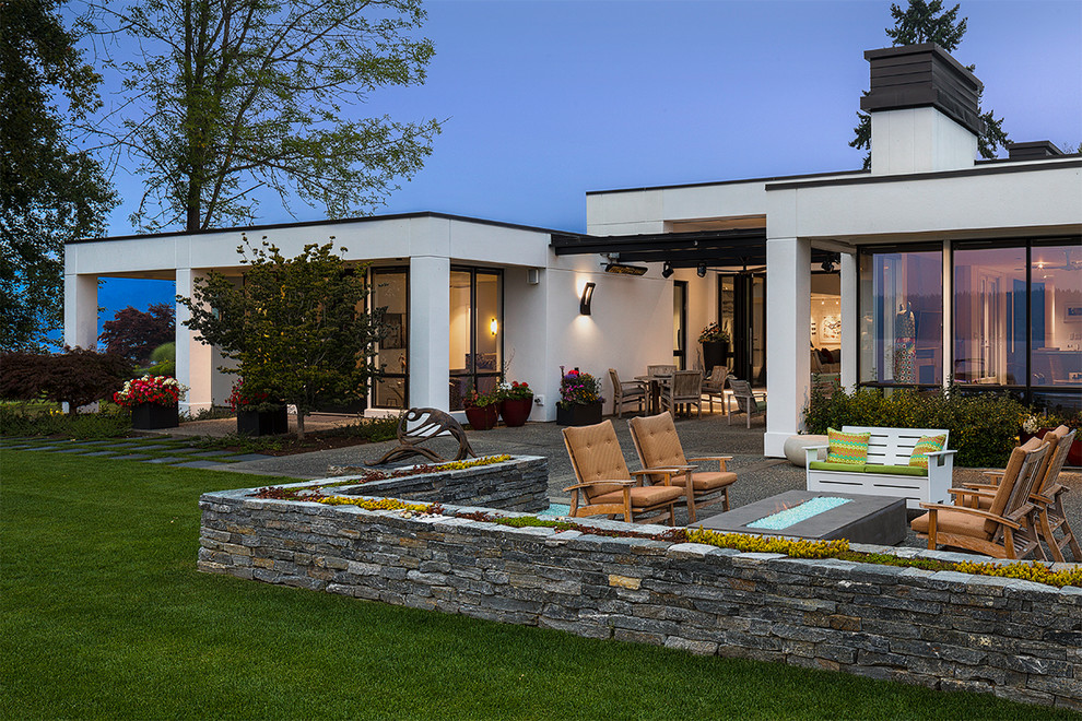 Immagine di un grande patio o portico minimalista dietro casa con lastre di cemento, un focolare e nessuna copertura