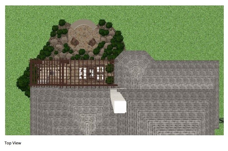 Foto di un patio o portico rustico dietro casa con un focolare, piastrelle e una pergola