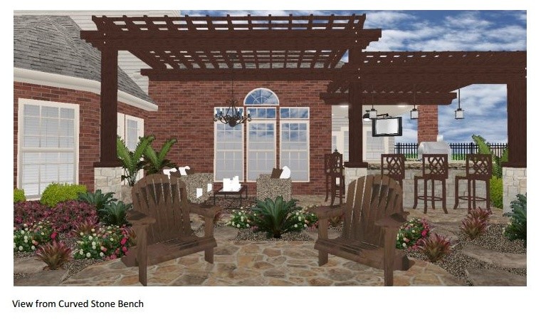 Foto di un patio o portico chic dietro casa con un focolare, piastrelle e una pergola