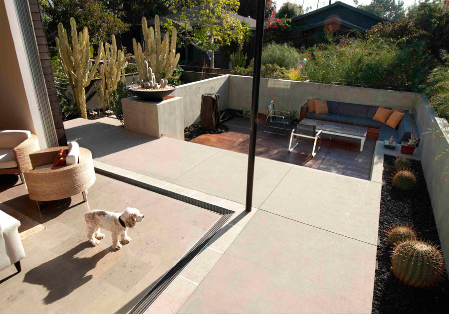 Свежая идея для дизайна: большой двор на переднем дворе в современном стиле с местом для костра и покрытием из бетонных плит без защиты от солнца - отличное фото интерьера