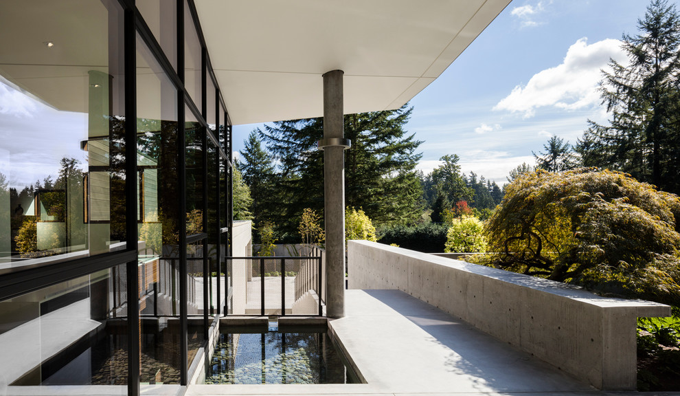 Foto di un patio o portico minimalista davanti casa con fontane, lastre di cemento e un tetto a sbalzo