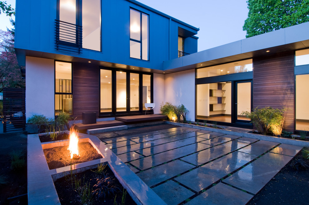 Cette photo montre une terrasse arrière moderne de taille moyenne avec un foyer extérieur, une dalle de béton et aucune couverture.