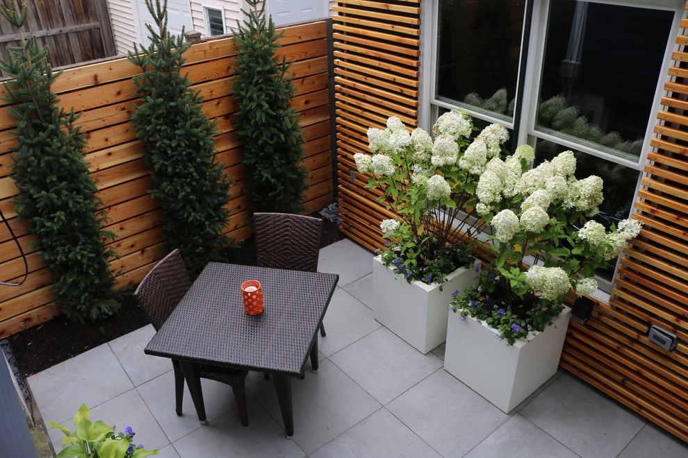 Immagine di un piccolo patio o portico minimal dietro casa con piastrelle e nessuna copertura
