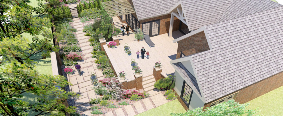 Idées déco pour une petite terrasse arrière classique avec un point d'eau, des pavés en béton et une pergola.