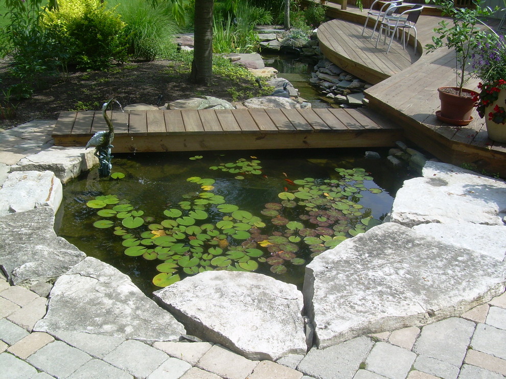 This is an example of an eclectic back patio in Cleveland with a water feature.