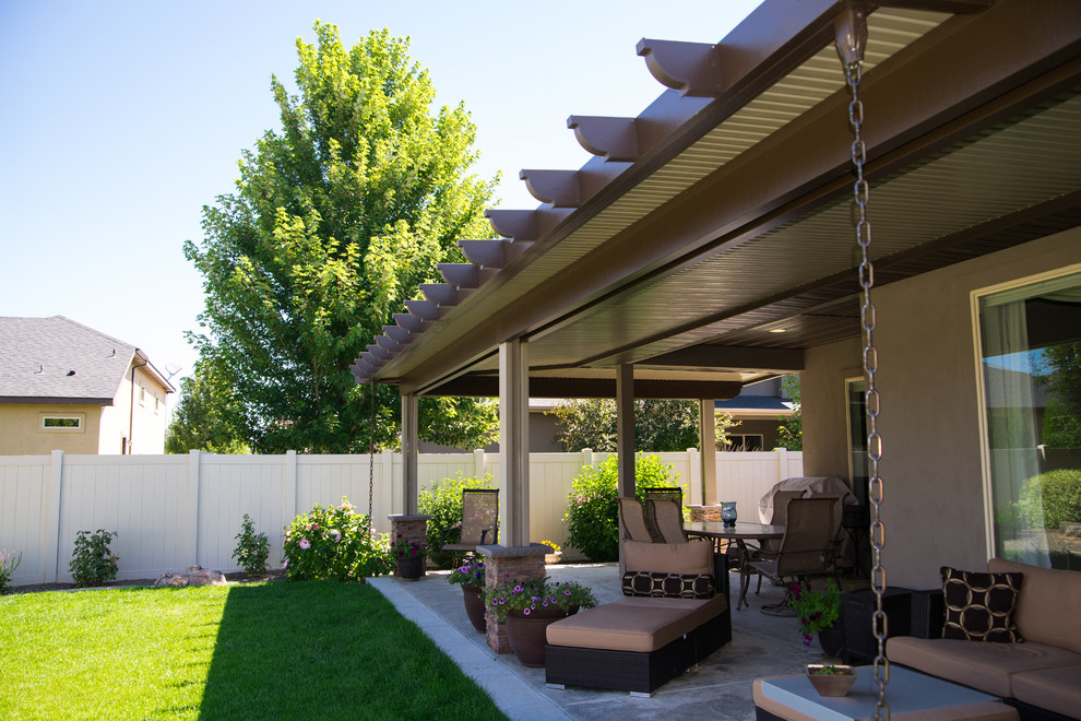 L Shaped Solid Cover Mediterranean Patio Boise by ShadeWorks