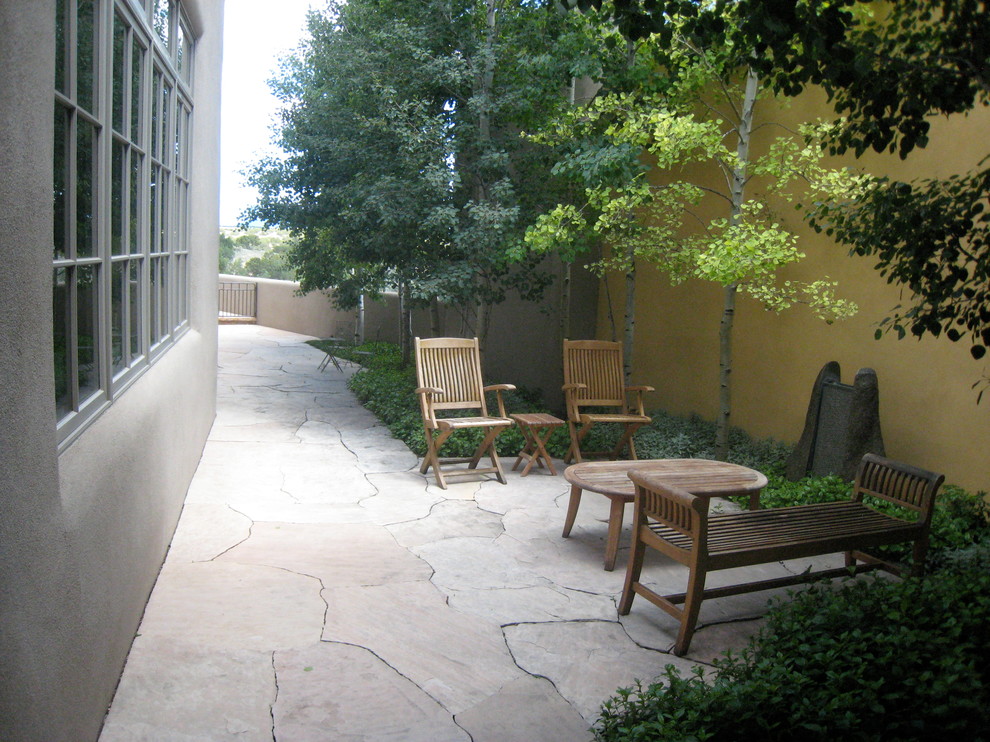 Medium sized side patio in Albuquerque with a water feature, natural stone paving and no cover.