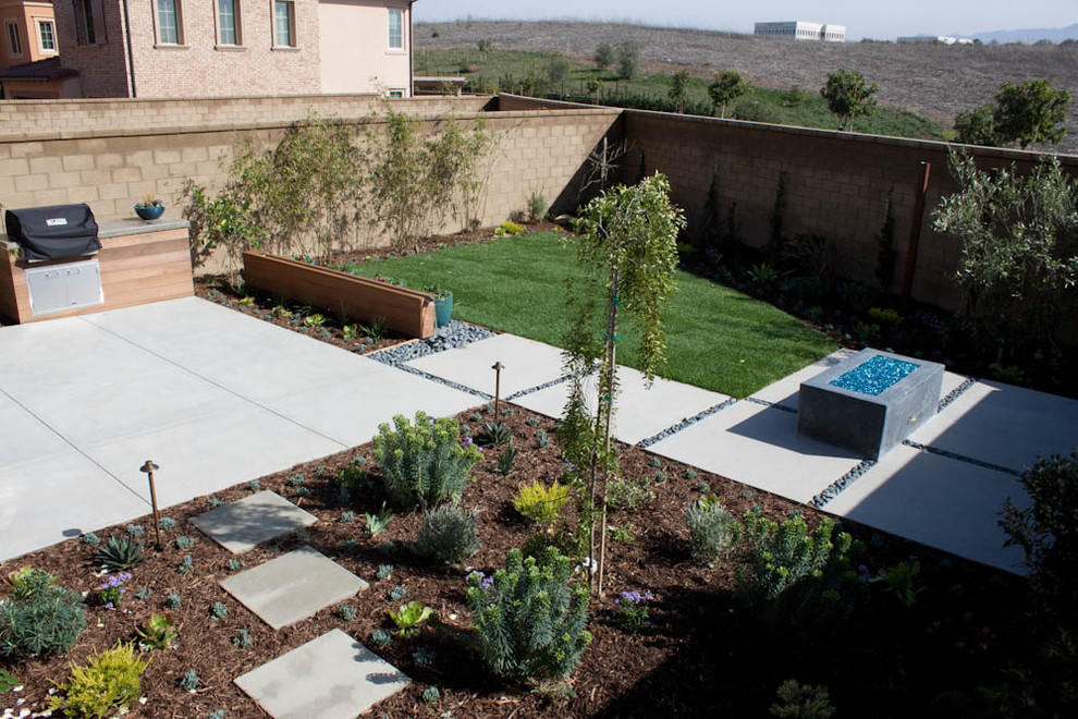 Foto de patio contemporáneo de tamaño medio sin cubierta en patio trasero con fuente y adoquines de hormigón