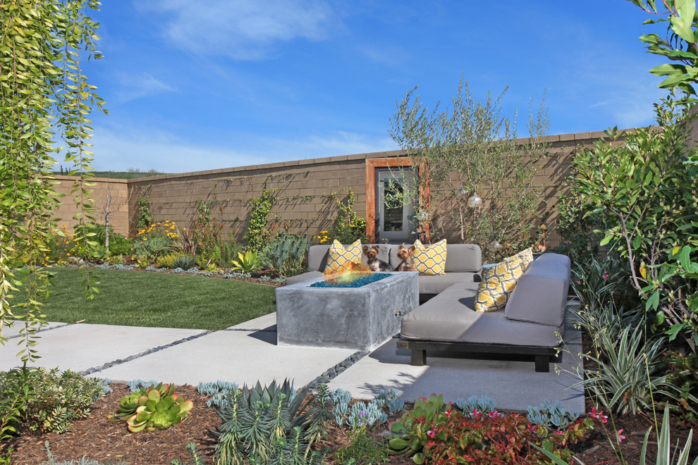 Modelo de patio actual de tamaño medio sin cubierta en patio trasero con fuente y adoquines de hormigón
