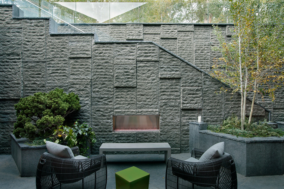 Imagen de patio contemporáneo sin cubierta en patio trasero con chimenea