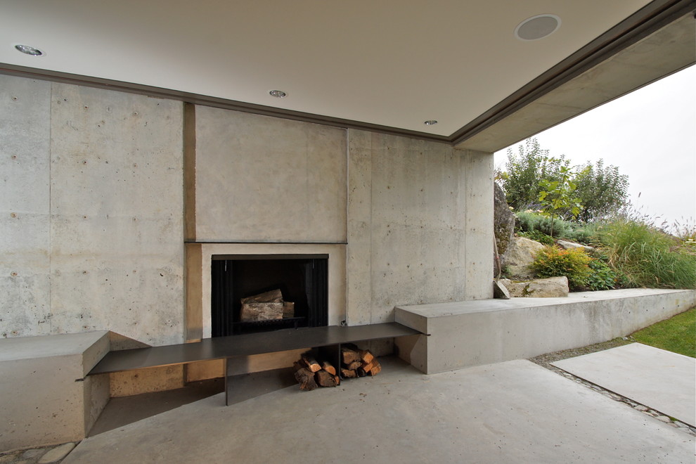 Foto di un patio o portico minimal con un focolare, lastre di cemento e un tetto a sbalzo