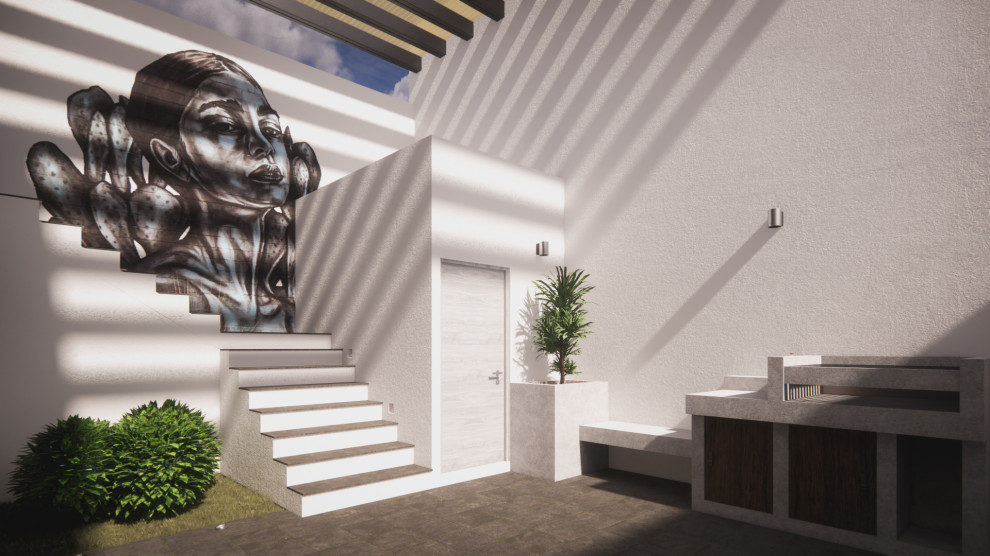 Mittelgroße Moderne Pergola im Innenhof mit Outdoor-Küche und Betonplatten in Sonstige