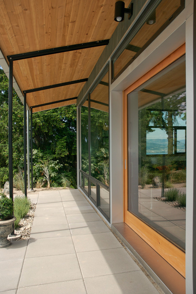 Esempio di un patio o portico minimal di medie dimensioni e dietro casa con un tetto a sbalzo