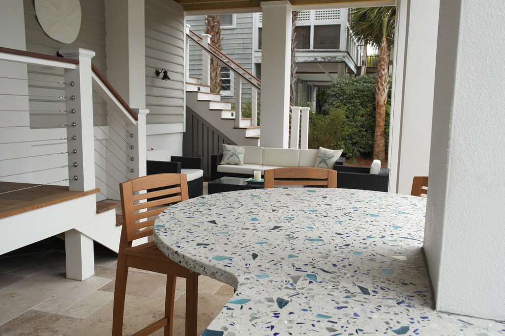 Patio kitchen - mid-sized coastal backyard tile patio kitchen idea in Charleston with no cover