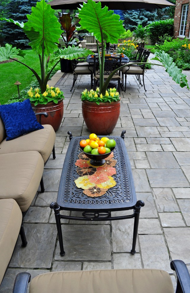 This is an example of a medium sized traditional back patio in Chicago with a potted garden, brick paving and no cover.