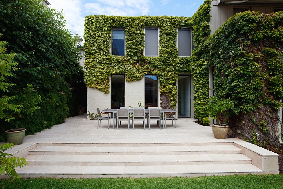 Свежая идея для дизайна: большой двор на заднем дворе в современном стиле с покрытием из каменной брусчатки без защиты от солнца - отличное фото интерьера