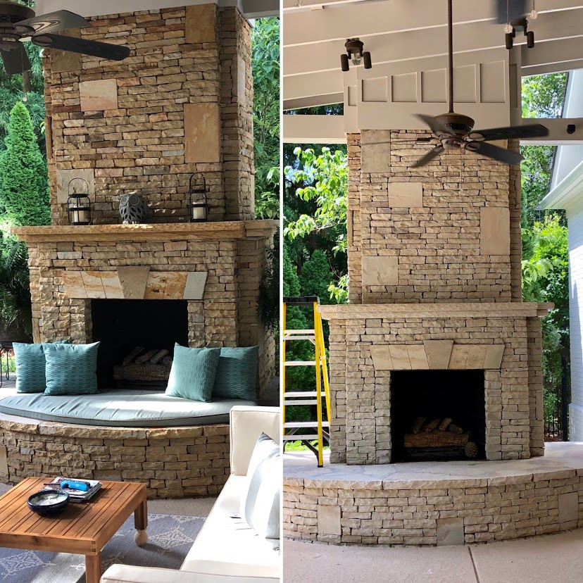 Design ideas for a large traditional back patio with a fireplace, natural stone paving and a gazebo.