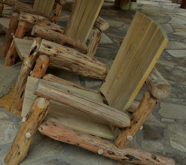Locust Picnic Table and Adirondack Chairs Rustic Staircase Other