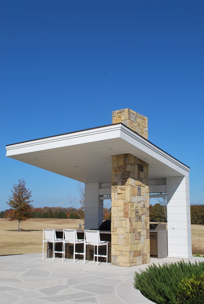 Exemple d'une grande terrasse arrière tendance avec une cuisine d'été, une dalle de béton et une pergola.