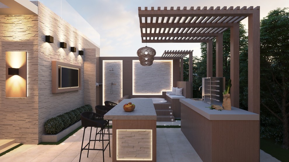 Idées déco pour une terrasse arrière moderne de taille moyenne avec du carrelage et une extension de toiture.