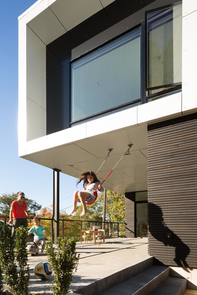 Ispirazione per un patio o portico minimalista in cortile con lastre di cemento e un tetto a sbalzo