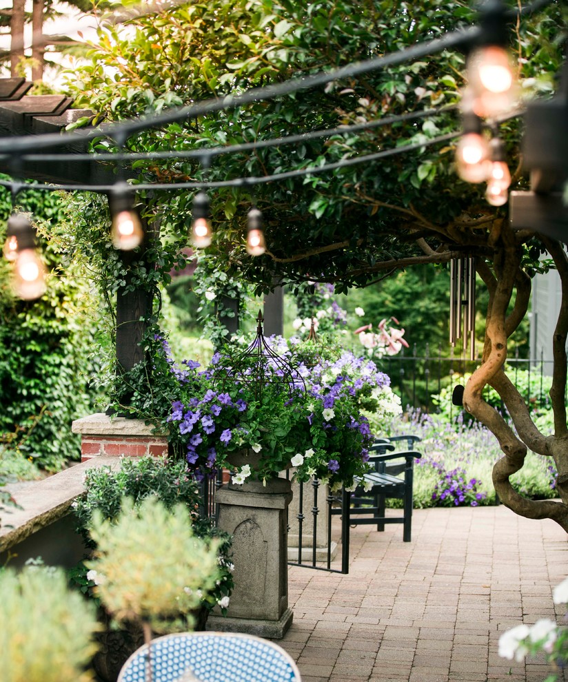 シアトルにある高級な中くらいなトラディショナルスタイルのおしゃれな裏庭のテラス (コンテナガーデン、レンガ敷き、パーゴラ) の写真