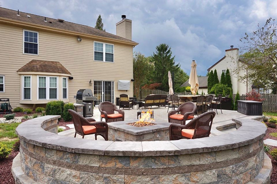 Manalapan, NJ Raised paver patio, Hot tub, Fire pit, Landscaping