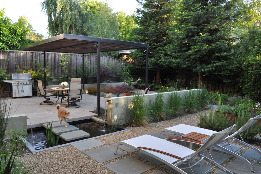 Inspiration for a modern patio in San Francisco with a pergola and a bbq area.