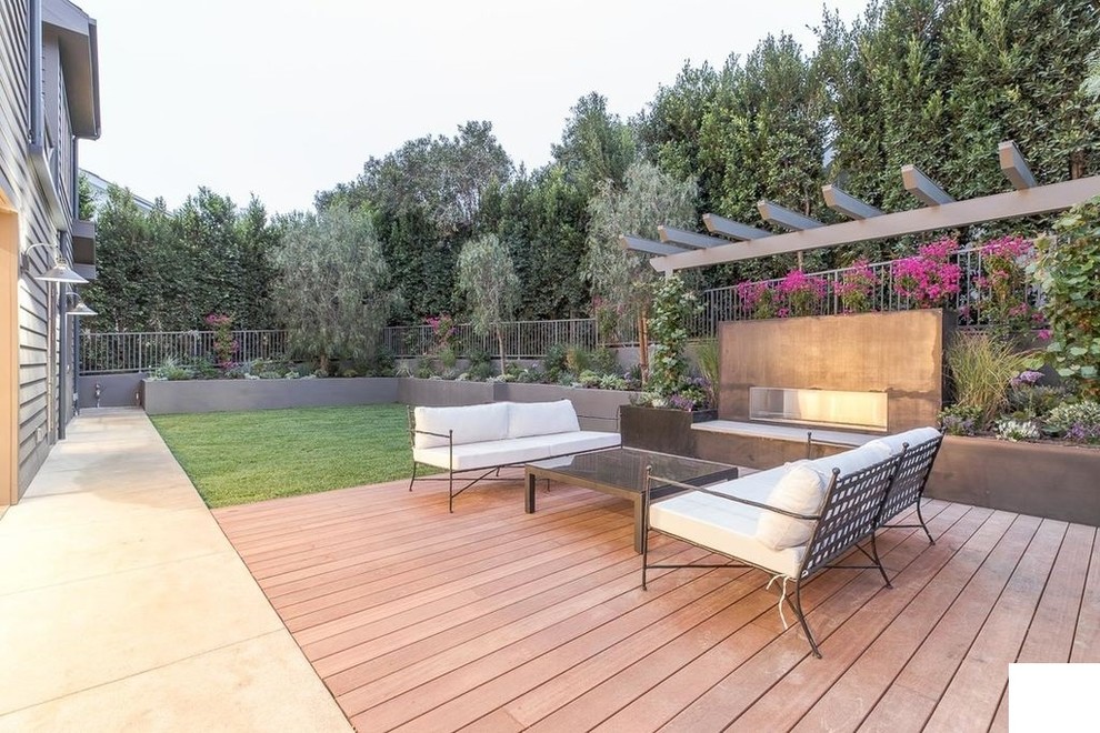 Design ideas for a small contemporary back patio in Los Angeles with a potted garden, decking and no cover.