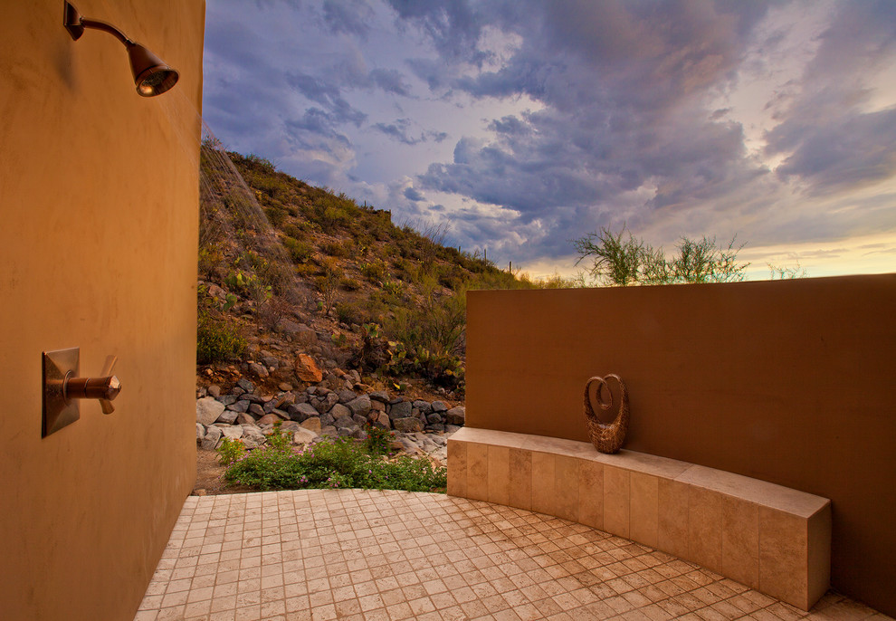 Design ideas for a mediterranean patio in Phoenix with an outdoor shower.
