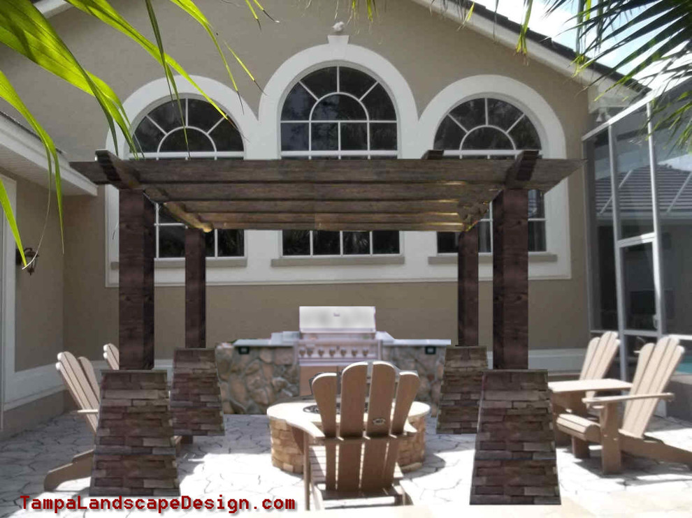 Mediterranean style pergola, Outdoor Kitchen & Fire pit Traditional