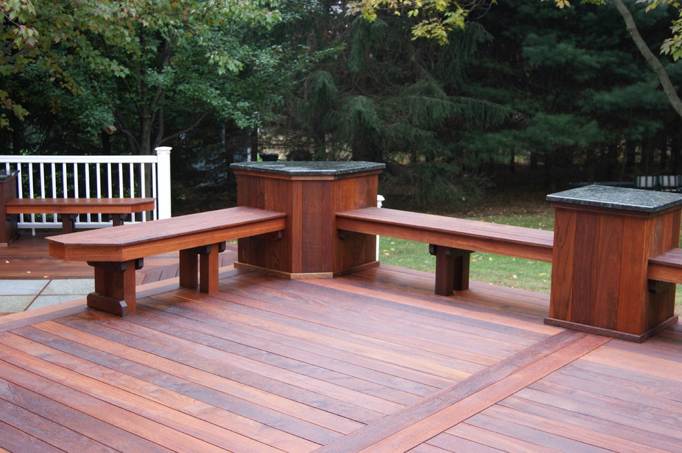 Example of a large classic backyard patio kitchen design in New York with decking and no cover