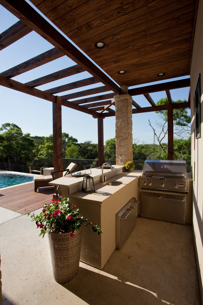 Elegant patio kitchen photo in Austin with a roof extension