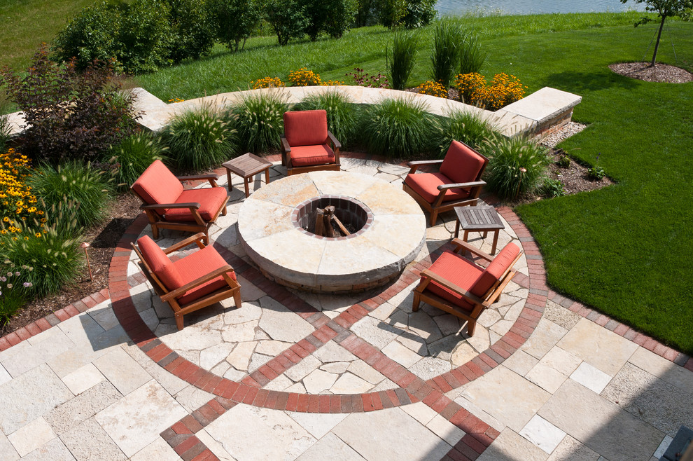 Example of a mid-sized arts and crafts backyard brick patio design in Milwaukee with a fire pit