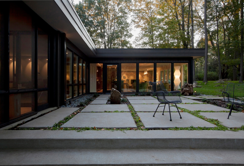 This is an example of a medium sized midcentury back patio in Indianapolis with a potted garden, concrete paving and no cover.
