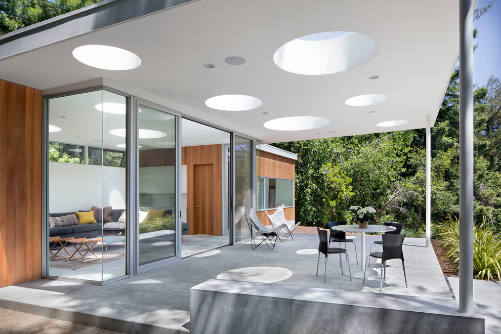 Источник вдохновения для домашнего уюта: двор в стиле модернизм с покрытием из бетонных плит и навесом