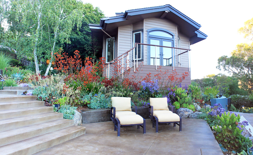 Foto di un grande patio o portico minimal dietro casa con un focolare, lastre di cemento e nessuna copertura