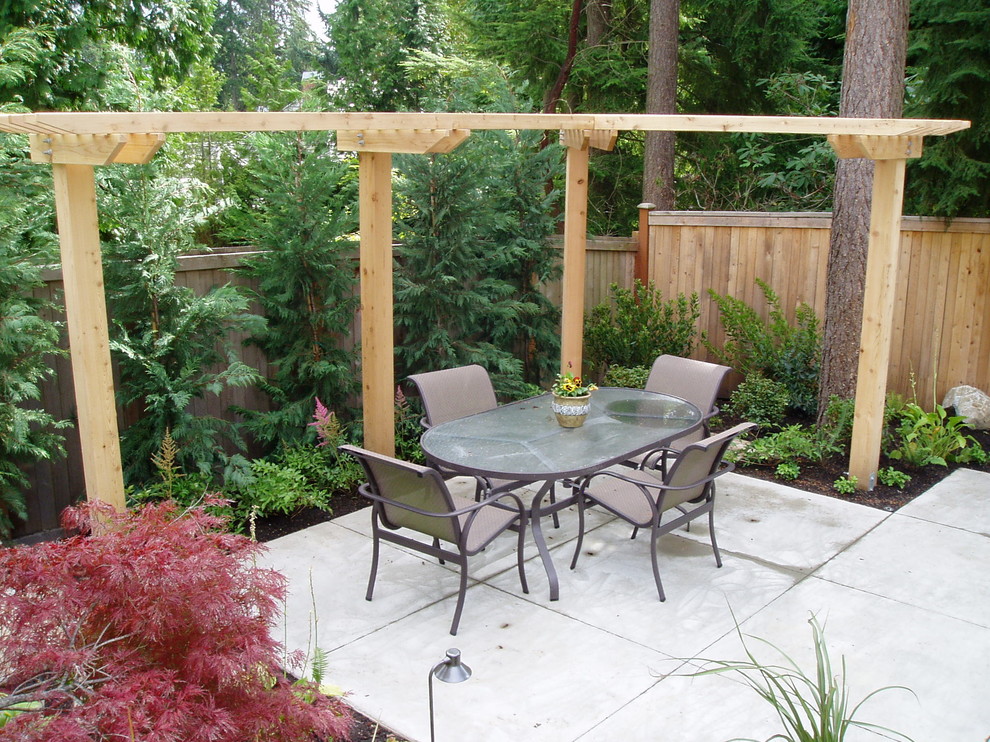 Immagine di un patio o portico chic di medie dimensioni e dietro casa con una pergola e lastre di cemento