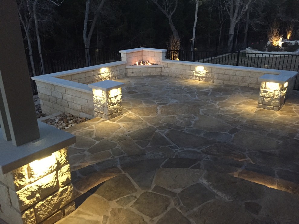 Modern flagstone patio w/ builtin corner gas fire feature