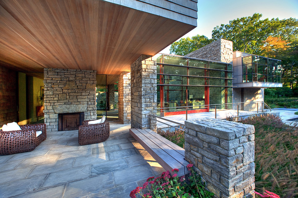 Immagine di un grande patio o portico minimal dietro casa con un focolare, pavimentazioni in pietra naturale e un tetto a sbalzo