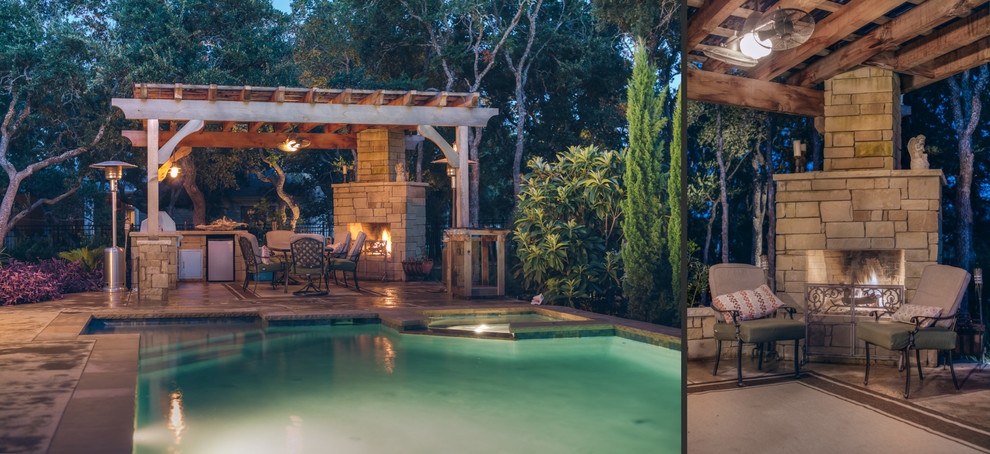 Inspiration for a large modern backyard concrete paver patio remodel in Austin with a fire pit and a gazebo